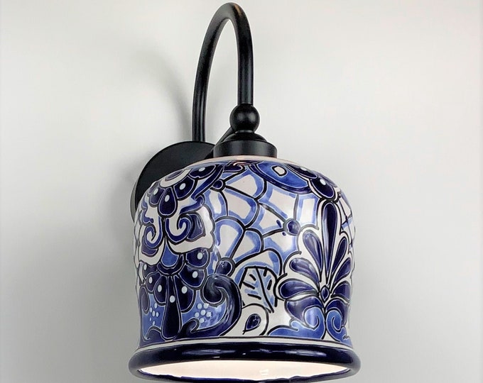Ceramic Wall Light | Mexican Talavera Pottery | Vintage Retro Style | Indoor or Outdoor | Blue and White Unique Wall Sconce