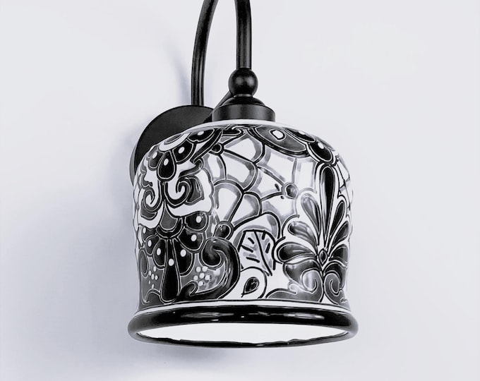 NEW ITEM!!! Ceramic Wall Light | Mexican Talavera Pottery | Vintage Retro Style | Indoor or Outdoor | Black & White Unique Wall Sconce