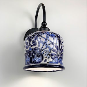 Ceramic Wall Light | Mexican Talavera Pottery | Vintage Retro Style | Indoor or Outdoor | Blue and White Unique Wall Sconce