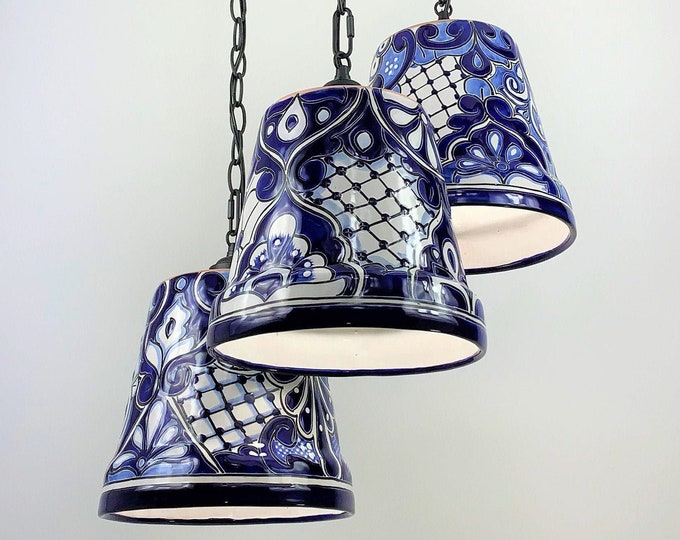 Ceramic Chandelier Pendant | Mexican Talavera Pottery | Vintage Retro Style | Dining Room/Foyer/Kitchen | Blue & White Hanging Pendant Light