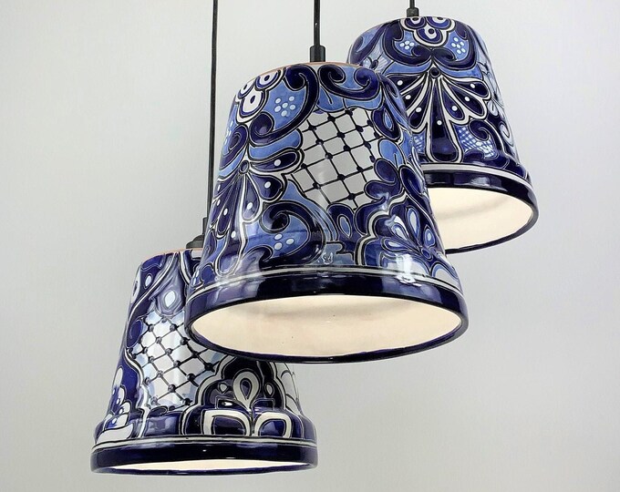 Ceramic Chandelier Pendant | Mexican Talavera Pottery | Vintage Retro Style | Dining Room/Foyer/Kitchen | Blue & White Hanging Pendant Light