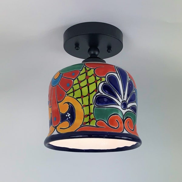 Ceramic Ceiling Light | Mexican Talavera Pottery | Vintage Retro Style | Colorful Flush Mount Ceiling Light