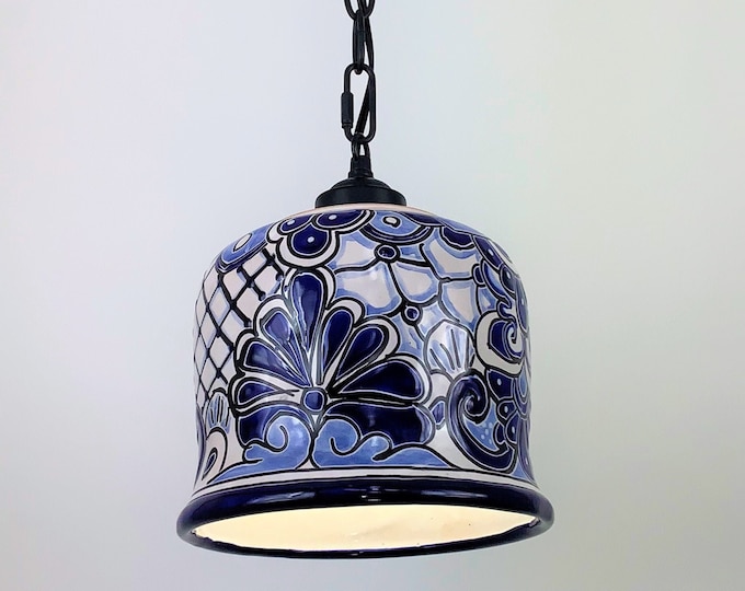 Ceramic Pendant Light | Mexican Talavera Pottery | Vintage Retro Style | Blue and White Pendant Light Fixture