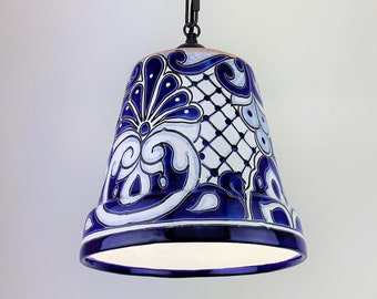 Ceramic Pendant Light | Mexican Talavera Pottery | Vintage Retro Style | Blue and White Hanging Pendant Light Fixture