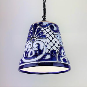 Ceramic Pendant Light | Mexican Talavera Pottery | Vintage Retro Style | Blue and White Hanging Pendant Light Fixture