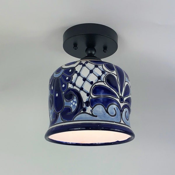 Ceramic Ceiling Light | Mexican Talavera Pottery | Vintage Retro Style | Blue and White Flush Mount Ceiling Fixture