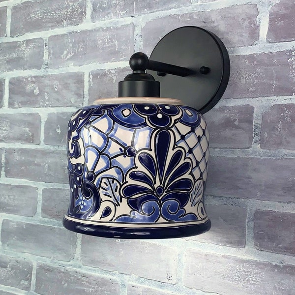 Ceramic Wall Light | Mexican Talavera Pottery | Vintage Retro Style | Indoor or Outdoor | Blue & White Wall Sconce