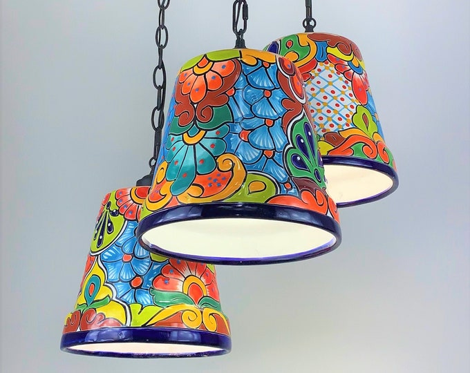 Ceramic Chandelier Pendant | Mexican Talavera Pottery | Vintage Retro Style | Dining Room / Foyer / Kitchen | Colorful Hanging Pendant Light