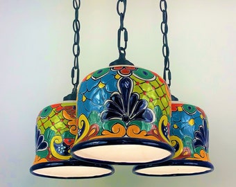 Ceramic Chandelier Pendant | Mexican Talavera Pottery | Vintage Retro Style | Dining Room/Foyer/Kitchen | Colorful Hanging Pendant Light