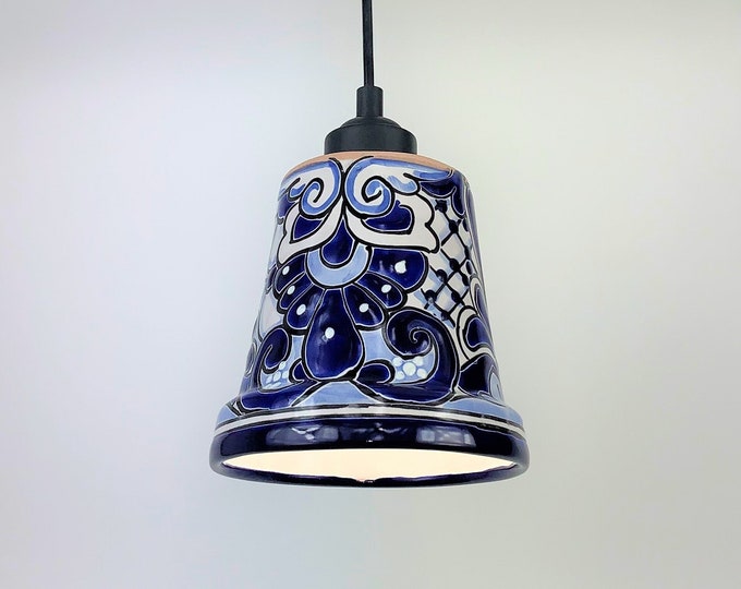 Ceramic Pendant Light | Mexican Talavera Pottery | Vintage Retro Style | Blue and White Hanging Pendant Light Fixture