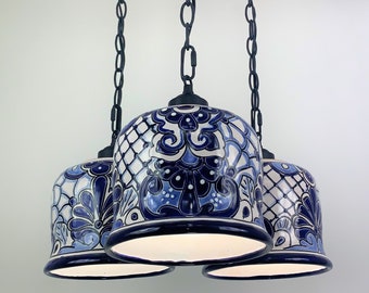 Ceramic Chandelier Pendant | Mexican Talavera Pottery | Vintage Retro Style | Dining Room/Foyer/Kitchen | Blue & White Unique Pendant Light