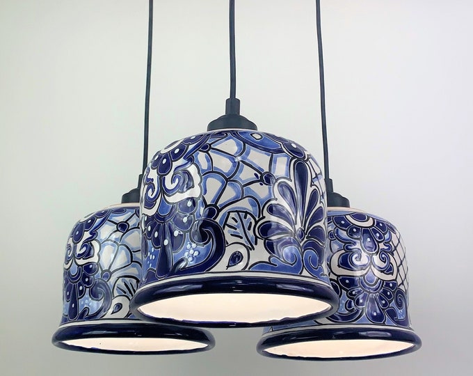 Ceramic Chandelier Pendant | Mexican Talavera Pottery | Vintage Retro Style | Dining Room/Foyer/Kitchen | Blue & White Unique Pendant Light