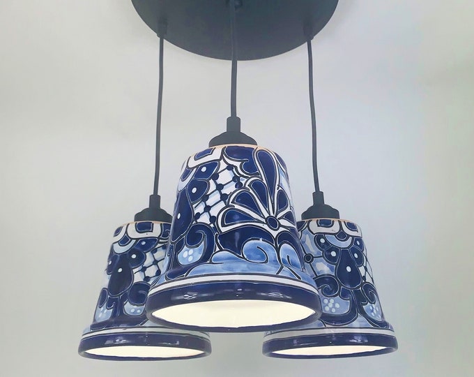 Ceramic Chandelier Pendant | Mexican Talavera Pottery | Vintage Retro Style | Dining Room/Foyer/Kitchen | Blue & White Hanging Pendant Light