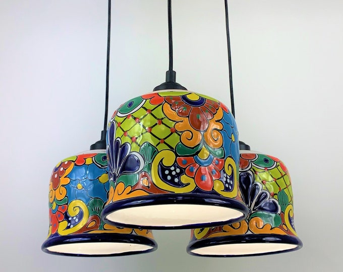 Ceramic Chandelier Pendant | Mexican Talavera Pottery | Vintage Retro Style | Dining Room / Foyer / Kitchen | Colorful Unique Pendant Light