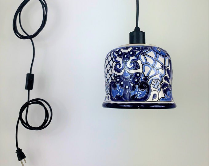 Ceramic Swag Light | Mexican Talavera Pottery | Vintage Retro Style | Blue and White Hanging Swag Light with Switch and Plug