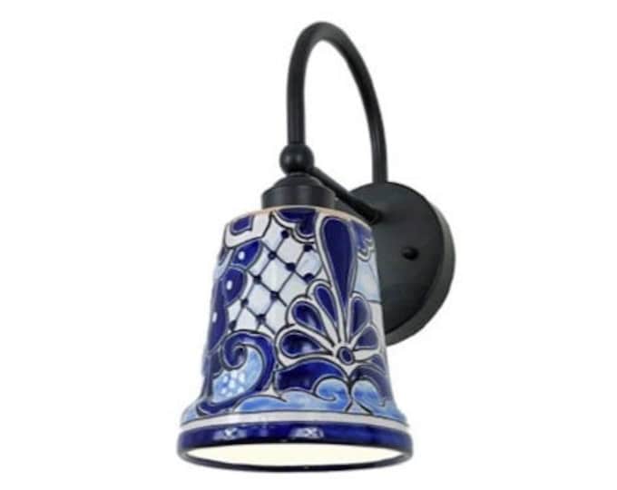 Ceramic Wall Light | Mexican Talavera Pottery | Vintage Retro Style | Indoor or Outdoor | Blue & White Unique Wall Sconce