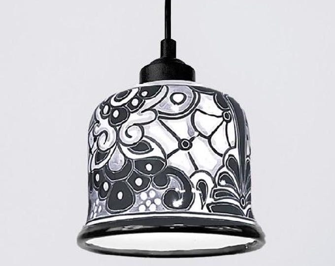 NEW ITEM!!! Ceramic Pendant Light | Mexican Talavera Pottery | Vintage Retro Style | Black & White Hanging Pendant Light Fixture