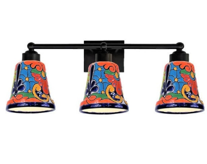 Ceramic Vanity 3-Light | Mexican Talavera Pottery | Vintage Retro Style | Colorful Vanity Light