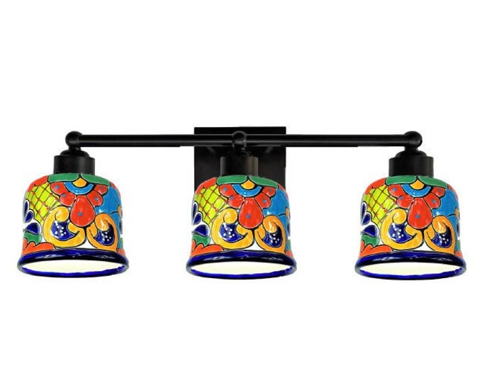 Ceramic Vanity 3-Light | Mexican Talavera Pottery | Vintage Retro Style | Colorful Vanity Light