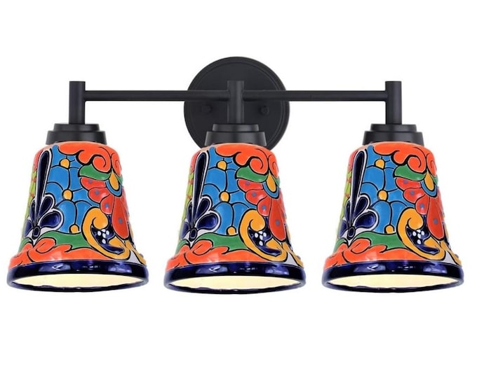 Ceramic Vanity 3-Light | Mexican Talavera Pottery | Vintage Retro Style | Colorful Vanity Light