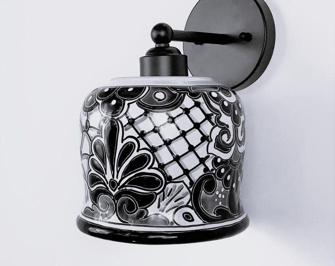 NEW ITEM!!! Ceramic Wall Light | Mexican Talavera Pottery | Vintage Retro Style | Indoor or Outdoor | Black & White Wall Sconce