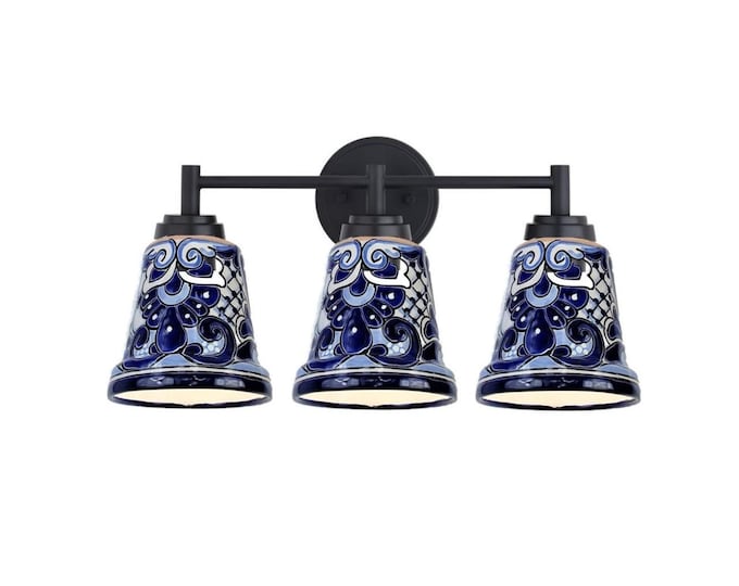 Ceramic Vanity 3-Light | Mexican Talavera Pottery | Vintage Retro Style | Colorful Vanity Light