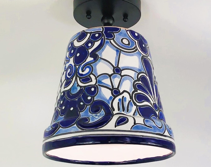 Ceramic Ceiling Light | Mexican Talavera Pottery | Vintage Retro Style | Blue and White Flush Mount Ceiling Fixture