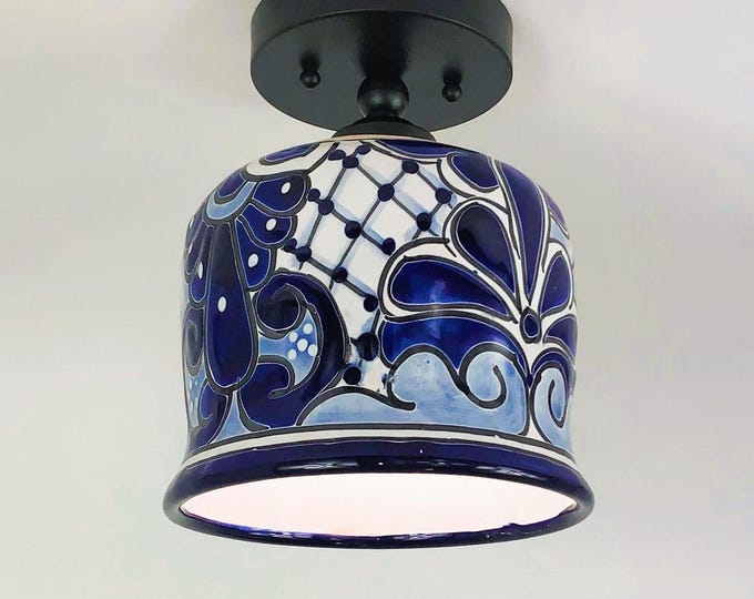 Ceramic Ceiling Light | Mexican Talavera Pottery | Vintage Retro Style | Blue and White Flush Mount Ceiling Fixture
