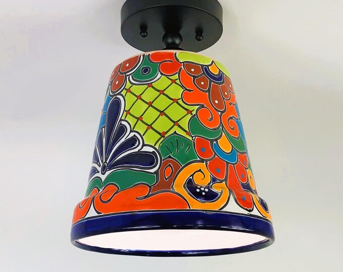 Ceramic Ceiling Light | Mexican Talavera Pottery | Vintage Retro Style | Colorful Ceiling Flush Mount Fixture