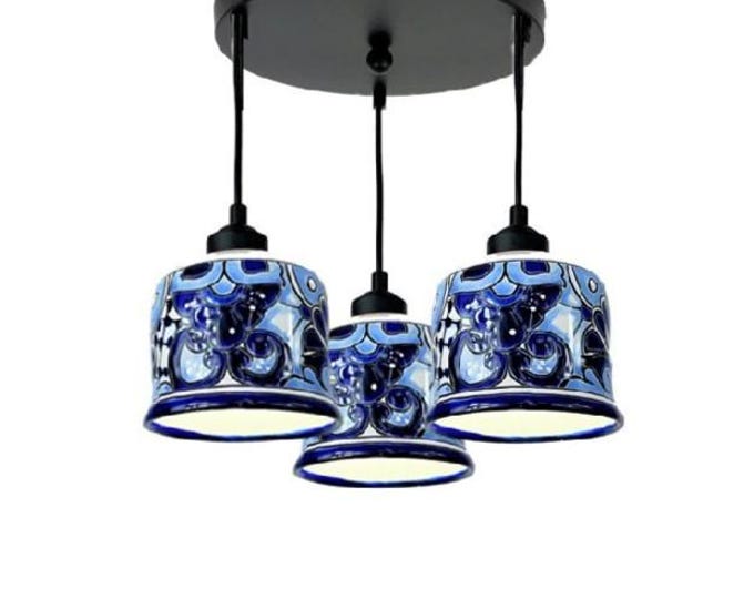 Ceramic Chandelier Pendant | Mexican Talavera Pottery | Vintage Retro Style | Dining Room/Foyer/Kitchen | Blue & White Unique Pendant Light