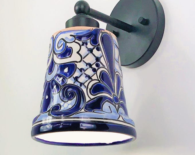 Ceramic Wall Light | Mexican Talavera Pottery | Vintage Retro Style | Indoor or Outdoor | Blue and White Wall Sconce