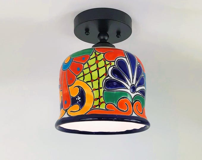 Ceramic Ceiling Light | Mexican Talavera Pottery | Vintage Retro Style | Colorful Flush Mount Ceiling Light