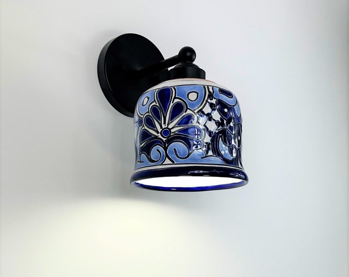 Ceramic Small Wall Light | Mexican Talavera Pottery | Vintage Retro Style | Indoor or Outdoor | Blue & White Unique Wall Sconce