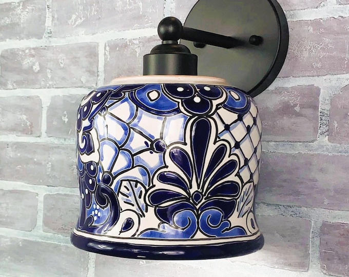 Ceramic Wall Light | Mexican Talavera Pottery | Vintage Retro Style | Indoor or Outdoor | Blue & White Wall Sconce