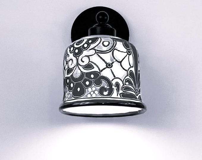 NEW ITEM!!! Ceramic Small Wall Light | Mexican Talavera Pottery | Vintage Retro Style | Indoor or Outdoor | Black & White Unique Wall Sconce