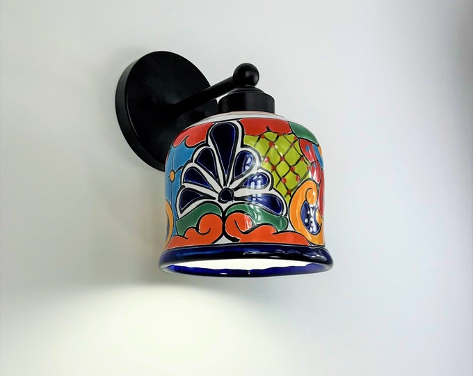 Small Ceramic Wall Light | Mexican Talavera Pottery | Vintage Retro Style | Indoor or Outdoor | Colorful Unique Wall Sconce