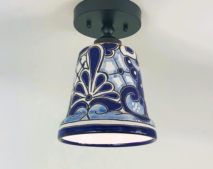 Ceramic Ceiling Light | Mexican Talavera Pottery | Vintage Retro Style | Blue and White Flush Mount Ceiling Fixture