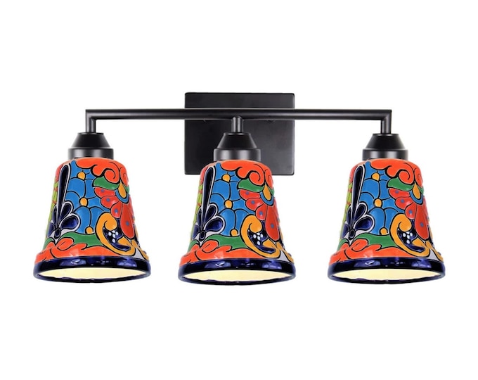 Ceramic Vanity 3-Light | Mexican Talavera Pottery | Vintage Retro Style | Colorful Vanity Light