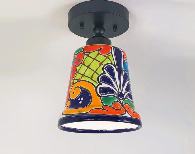 Ceramic Ceiling Light | Mexican Talavera Pottery | Vintage Retro Style | Colorful Flush Mount Ceiling Fixture