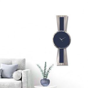 Navy Blue Wall Clock, Large Clock, Modern Clock, Silver Wall Art, Metal Wall Art, Unique Clock, Handmade Art, Abstract Wall Sculpture
