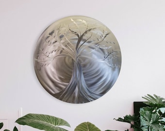 Tree of Life Art Metal Wall Decor 3D Abstract Sculpture Large Tree Of Life Hanging Blossom Tree Unique Accent Handsculpted Silver Modern Art