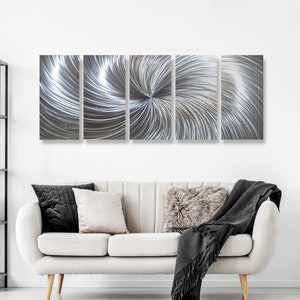 Large Silver Metal Wall Art: Abstract Modern Sculpture, Set of 5