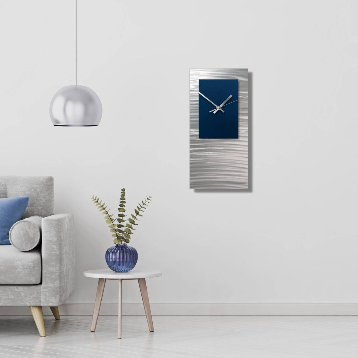 Navy Blue Large Wall Clock Silver Modern Home Decor Etsy