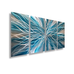 Teal Wall Art Set of 4 Decor Large Metal Wall Art, Modern Wall Artwork, Gallery Wall Set, Abstract Art Wall Sculpture