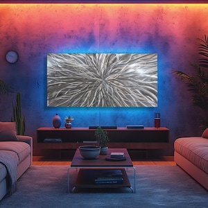 Metal Wall Sculpture with RGB LED Lighting, Modern Illumination Decor, Silver 3D Art for Living Room, Office, Gallery