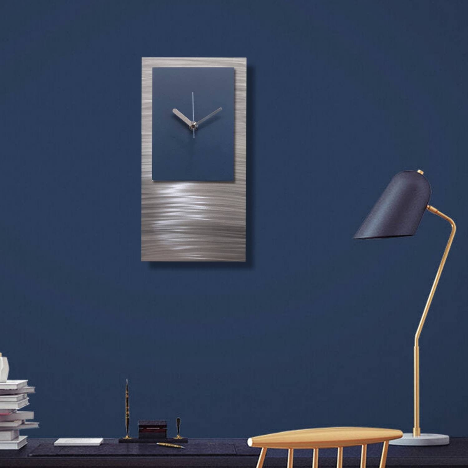 Blue Wall Clock Silver & Navy Modern Art Clock Metal Etsy