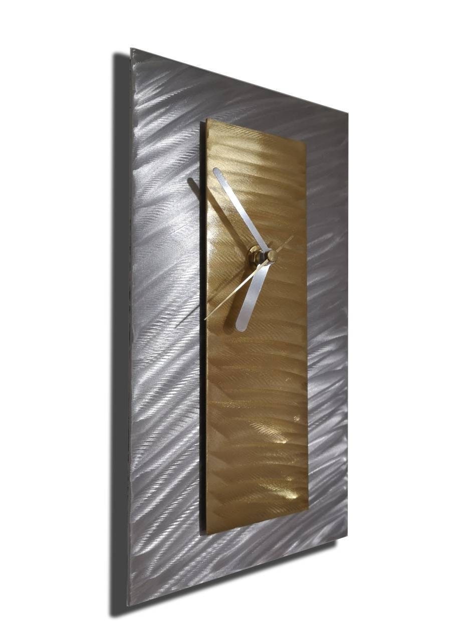 Horloge Murale Dorée Et Argentée, Art Moderne, Grande Horloge, Décoration En Métal, Sculpture Murale, Horloge Unique, Rectangulaire