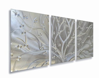 Silver Tree Wall Art Sculpture Modern Home Decor Branch Wall Art Nature Decoration Unique Gift Apple Tree of Life 3 Piece Gallery Art Set