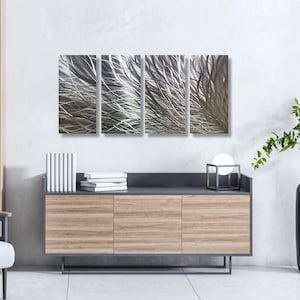 Arte de pared de metal, escultura abstracta plateada, decoración de pared moderna de varios paneles, galería minimalista, arte de metal contemporáneo para sala de estar.