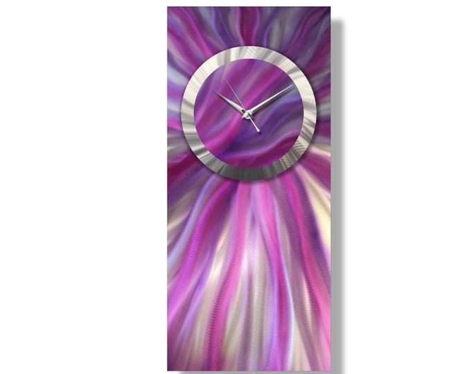 Large Metal Wall Clock Purple Magenta Silver Abstract Sculpture Modern Wall Clock Home Decor Unique Accent Contemporary Art Clock